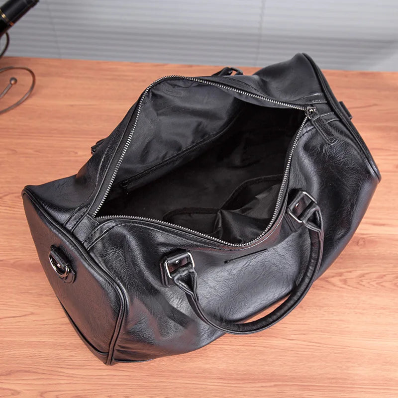 BLACK PU LEATHER GYM BAG