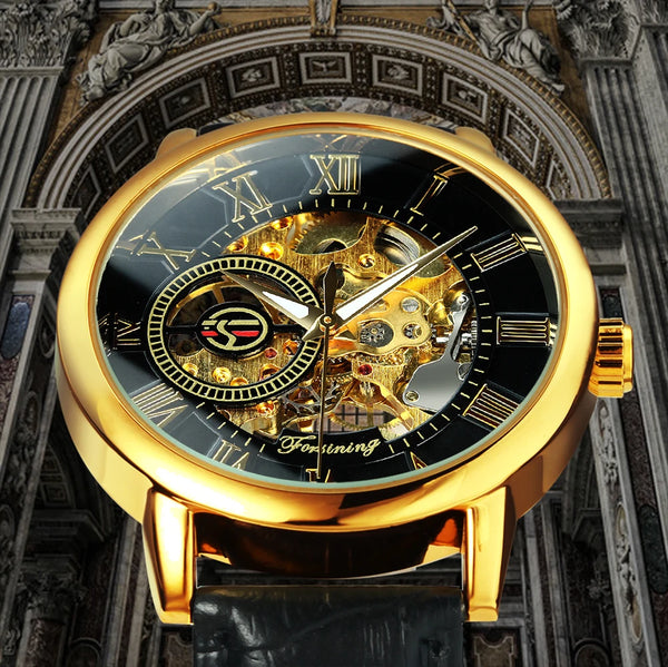 LAVISH MECHANICAL WATCH WITH 3D LOGO AND LEATHER STRAP