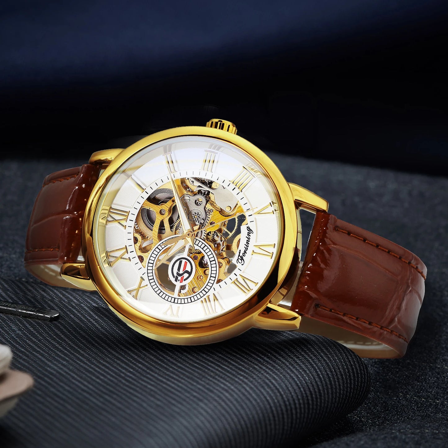 LAVISH MECHANICAL WATCH WITH 3D LOGO AND LEATHER STRAP