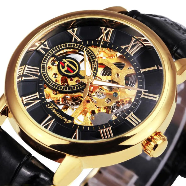 LAVISH MECHANICAL WATCH WITH 3D LOGO AND LEATHER STRAP